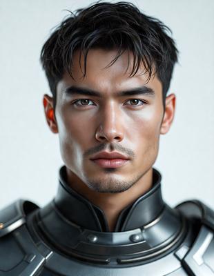 The primary subject of the image is a man wearing a suit and a helmet. He has dark hair and is looking at the camera. The setting is a white background, and the visual style appears to be a digital art or illustration. The man's outfit and the overall atmosphere suggest a sense of power and authority.