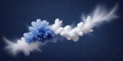 The primary subject of the image is a blue and white flower, which is the main object of focus. The setting is a blue background, and the visual style appears to be a photo. The dominant colors in the image are blue and white, creating a calm and serene atmosphere.