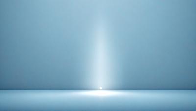 The primary subject of the image is a bright light source, which appears to be a light bulb or a spotlight. The light is shining on a white wall, creating a stark contrast between the light and the wall. The setting is a room with a blue background, which adds to the overall atmosphere of the image. The visual style of the image is a combination of photo and digital art, as it captures the light source and its reflection on the wall in a realistic manner. The colors and mood of the image are pre