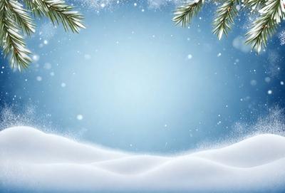 The primary subject of the image is a snowy landscape with a blue sky. The setting is a winter scene with snow covering the ground, and the background features a pine tree. The visual style is a digital art or illustration, creating a serene and peaceful atmosphere. The dominant colors are blue and white, with the blue sky and white snow creating a harmonious and calming mood.