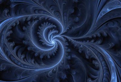 The primary subject of the image is a spiral pattern, which is the main object, scene, or focus of the image. The setting or background features a blue and black color scheme, giving the image a dark and moody atmosphere. The visual style of the image is a combination of photo and digital art, creating a unique and intricate design. The spiral pattern is the central element of the image, drawing the viewer's attention and creating a sense of depth and complexity.