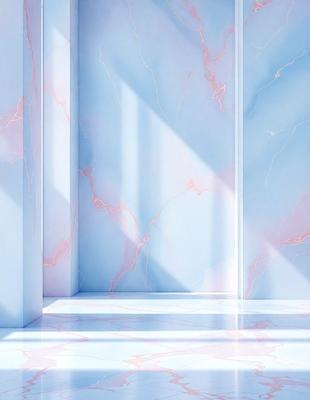The primary subject of the image is a marble wall with a pink and white color scheme. The setting is a room with a white floor, and the visual style is a digital art or illustration. The colors and mood of the image are predominantly pink and white, creating a clean and elegant atmosphere.