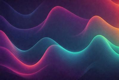 The primary subject of the image is a colorful wave pattern, which is displayed in a digital art style. The setting is a dark background, and the visual style is a combination of digital art and illustration. The dominant colors in the image are pink, blue, and purple, creating a vibrant and lively atmosphere.