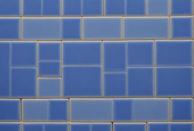 The primary subject of the image is a blue tile wall with a pattern of blue squares. The setting is a room with a blue tile floor. The visual style is a close-up of the blue tile wall, showcasing the intricate pattern of the blue squares. The colors and mood of the image are predominantly blue, creating a calm and serene atmosphere.