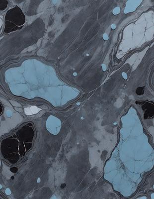 The primary subject of the image is a large, intricate stone or marble surface with a blue and gray color scheme. The setting is a rocky, textured environment, possibly a wall or a floor. The visual style is a close-up of the stone or marble, showcasing its unique patterns and textures. The colors and mood of the image are a mix of blue and gray, creating a sense of depth and complexity.