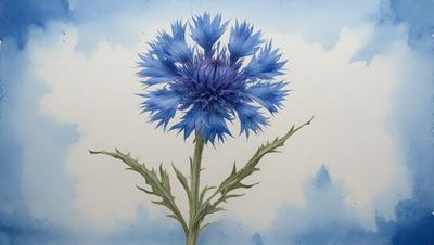 The primary subject of the image is a single blue flower, which is the main focus of the scene. The setting is a cloudy sky, providing a backdrop for the flower. The visual style of the image is a painting, which gives it a more artistic and detailed appearance. The dominant colors in the image are blue and white, creating a calm and serene atmosphere.
