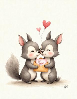 The image features two cute cartoon animals, possibly squirrels, standing close to each other and holding a heart-shaped card. The animals are smiling and appear to be enjoying the moment. The scene is set in a light-colored environment, which adds to the overall cheerful atmosphere. The visual style of the image is a combination of digital art and illustration, creating a whimsical and charming scene.