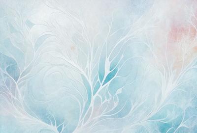 The primary subject of the image is a white and blue painting of a tree branch. The setting is a white background, and the visual style appears to be a digital art or illustration. The colors and mood of the painting are predominantly white and blue, creating a serene and calming atmosphere.