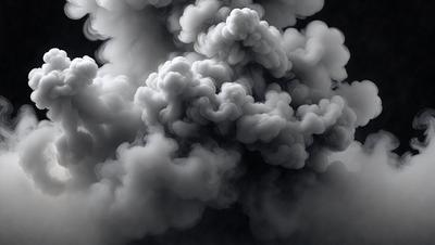 The primary subject of the image is a cloudy sky filled with smoke. The setting is a dark, cloudy environment, and the visual style appears to be a black and white photo. The dominant colors are shades of gray, and the overall atmosphere is dramatic and moody.