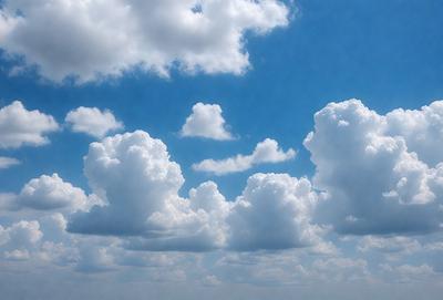 The primary subject of the image is a cloudy blue sky filled with numerous white clouds. The setting is a vast, open space with no visible landmarks or objects. The visual style is a natural, outdoor scene with a focus on the clouds and the sky. The colors and mood of the image are predominantly blue and white, creating a serene and peaceful atmosphere.