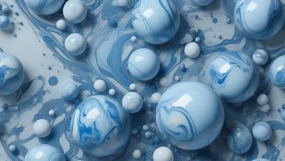 The primary subject of the image is a collection of blue and white balls, which are floating in a blue liquid. The setting appears to be a swimming pool, as the balls are floating on the surface. The visual style of the image is a combination of photo and digital art, creating a unique and interesting scene. The dominant colors in the image are blue and white, giving the scene a calm and soothing atmosphere.