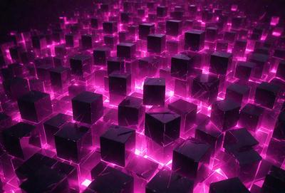 The primary subject of the image is a large number of square-shaped, pink-colored blocks arranged in a visually striking pattern. The setting is a purple background, which adds to the overall mood of the image. The visual style appears to be a combination of digital art and illustration, creating a unique and eye-catching display. The dominant colors are pink and purple, giving the image a vibrant and lively atmosphere.