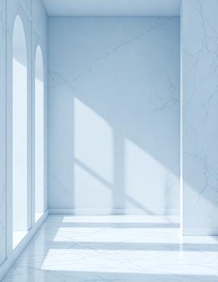 The primary subject of the image is a white marble wall with a window. The setting is a room with a white marble floor. The visual style is a photo, and the colors and mood are predominantly white, giving the room a clean and minimalist appearance.