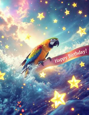 The primary subject of the image is a colorful parrot, which is the main focus of the scene. The parrot is sitting on a banner or ribbon that reads "Happy Birthday." The setting is a vibrant and colorful background, likely a digital art or illustration. The visual style of the image is a mix of realism and artistic expression, creating a lively and cheerful atmosphere.