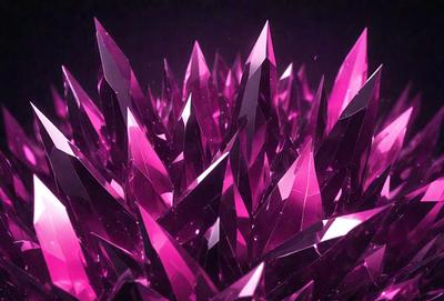 The primary subject of the image is a large cluster of purple crystals, which are the main objects in the scene. The setting is a dark background, which contrasts with the vibrant purple color of the crystals. The visual style of the image is a combination of photo and digital art, creating a unique and eye-catching display. The dominant colors in the image are purple and black, giving the scene a dramatic and striking appearance.