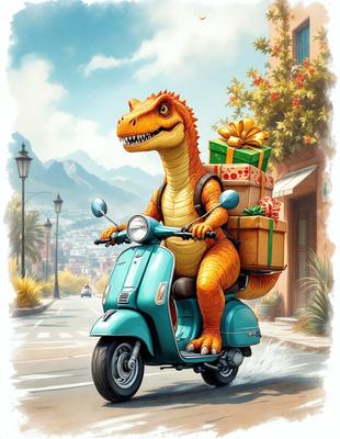 Primary subject: A cartoon dinosaur riding a motor scooter with a sidecar.

Setting/background: A city street with buildings in the background.

Visual style: Digital art.

Colors and mood: The image is colorful and has a playful, fun atmosphere.