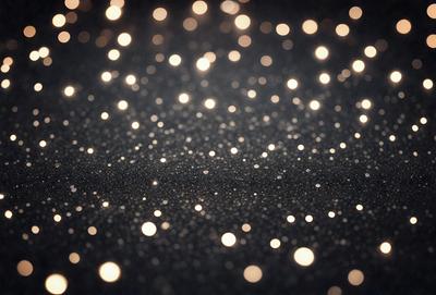 The primary subject of the image is a close-up of a black background with a pattern of bright, shiny, and sparkling lights. The setting appears to be a dark room, and the visual style is a combination of a photo and digital art. The colors and mood of the image are predominantly dark and mysterious, with the bright lights creating a contrasting and eye-catching effect.