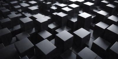 The primary subject of the image is a large number of black cubes or squares arranged in a pattern. The setting is a black background, which creates a striking contrast with the cubes. The visual style appears to be a digital art or illustration, as the cubes are arranged in a complex and intricate manner. The dominant colors are black, which creates a bold and striking atmosphere.