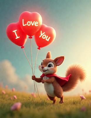 The primary subject of the image is a cartoon character, specifically a squirrel, holding two red balloons with the words "I love you" written on them. The setting is a field with pink flowers, creating a lush and vibrant atmosphere. The visual style is a combination of digital art and illustration, giving the image a whimsical and playful appearance. The colors and mood are predominantly pink and cheerful, reflecting the love and affection conveyed by the balloons.