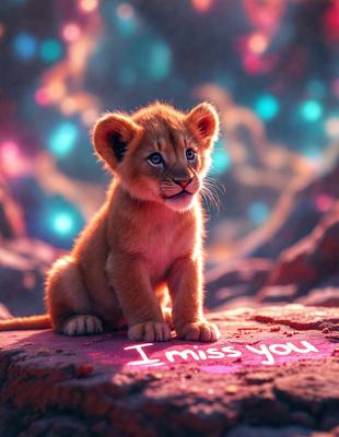 The primary subject of the image is a small lion cub sitting on a rock. The setting is a colorful, vibrant environment with a backdrop of a rainbow. The visual style is a combination of photo and digital art, creating a unique and eye-catching scene. The dominant colors are pink, blue, and green, giving the image a warm and cheerful atmosphere.