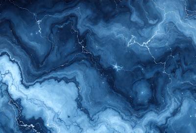 The primary subject of the image is a blue and white painting of a galaxy. The setting is a blue background, and the visual style appears to be a digital art or illustration. The colors and mood of the painting are predominantly blue and white, creating a serene and celestial atmosphere.