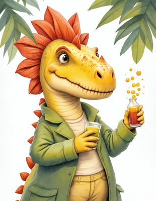 The primary subject of the image is a cartoon dinosaur, specifically a smiling T-Rex, holding a glass of orange juice. The setting is a white background, and the visual style is a digital illustration. The colors and mood of the image are bright and cheerful, with the orange juice and the dinosaur's smile adding a sense of fun and playfulness.
