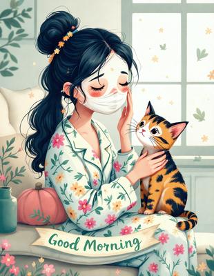 The primary subject of the image is a woman wearing a face mask, sitting on a chair and holding a cat. The setting is indoors, with a window visible in the background. The visual style is a digital art illustration, featuring a colorful and vibrant atmosphere.