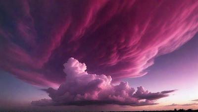 The primary subject of the image is a large, purple cloud with a pink hue. The cloud is surrounded by a dark sky, and it appears to be a stormy day. The setting is a cloudy sky, and the visual style is a photo. The dominant colors in the image are purple and pink, creating a moody and dramatic atmosphere.