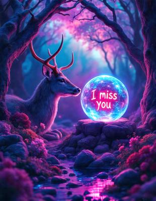Primary subject: A deer standing next to a blue ball with the words "I miss you" written on it.

Setting/background: The deer is standing in a forest, surrounded by trees and flowers.

Visual style: The image is a digital artwork, featuring a surreal and whimsical scene.

Colors and mood: The dominant colors are purple and blue, creating a dreamy and nostalgic atmosphere.