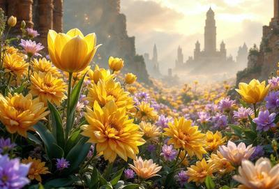The primary subject of the image is a field of yellow and purple flowers, with a mix of yellow and purple daffodils. The setting is a beautiful landscape with a mountain in the background. The visual style is a digital art or illustration, creating a vibrant and colorful scene. The colors and mood of the image are lively and cheerful, with the bright yellow and purple flowers adding a sense of warmth and happiness to the scene.