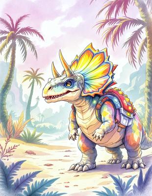 The primary subject of the image is a colorful, cartoon-like dinosaur with a backpack on its back. The dinosaur is standing on a sandy surface, which serves as the setting for the scene. The visual style of the image is a combination of digital art and illustration, creating a whimsical and playful atmosphere. The dominant colors in the image are shades of pink, yellow, and orange, which contribute to the overall cheerful and vibrant mood.
