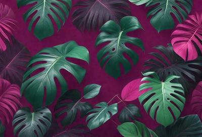 The primary subject of the image is a large group of green and purple leaves, which are arranged in a pattern. The leaves are displayed on a purple background, creating a visually striking scene. The visual style of the image is a combination of photo and digital art, as it appears to be a close-up of the leaves, yet the colors and patterns are vibrant and detailed. The dominant colors in the image are green and purple, giving the scene a lush and serene atmosphere.