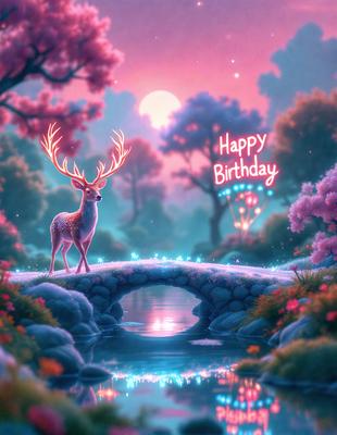 The primary subject of the image is a deer standing on a bridge. The setting is a forest with trees in the background. The visual style is digital art, and the colors and mood are predominantly pink and purple, creating a warm and festive atmosphere.