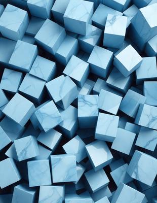 The primary subject of the image is a large collection of blue and white square tiles. These tiles are arranged in a visually appealing manner, creating a sense of depth and dimension. The setting is a room with a marble surface, which adds to the overall aesthetic of the scene. The visual style of the image is a close-up of the tiles, showcasing their intricate patterns and details. The colors and mood of the image are predominantly blue and white, giving it a clean and