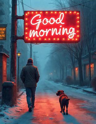 The primary subject of the image is a man walking his dog on a snowy street. The man is wearing a brown jacket and appears to be enjoying the walk. The dog is positioned close to the man, following him as they walk together.

The setting is a snowy street with a red neon sign visible in the background. The visual style of the image is a photo, capturing the man and his dog in a wintery atmosphere. The colors and mood of the image are predominantly cold and