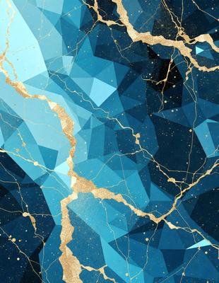 The primary subject of the image is a blue and gold mosaic pattern. The setting is a blue and gold background, which creates a visually striking contrast with the pattern. The visual style is a combination of digital art and illustration, giving the image a unique and artistic appearance. The dominant colors are blue and gold, creating a sense of luxury and sophistication.