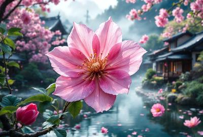 The primary subject of the image is a beautiful pink flower, which is the main focus of the scene. The flower is situated in a serene environment, surrounded by a body of water, possibly a lake or a pond. The visual style of the image is a photo, capturing the natural beauty of the flower and its surroundings. The colors in the image are predominantly pink, creating a warm and inviting atmosphere.