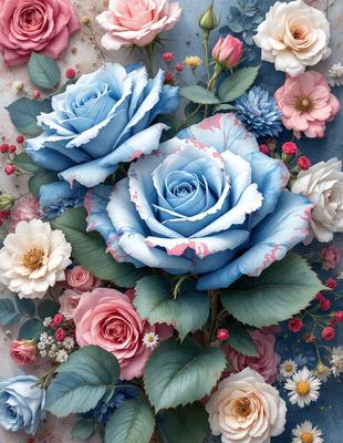 The primary subject of the image is a bouquet of blue and pink roses. The setting is a vase filled with these beautiful flowers, creating a lovely and colorful display. The visual style of the image is a painting, showcasing the artist's skill in capturing the beauty of the roses. The dominant colors in the image are blue and pink, creating a serene and calming atmosphere.
