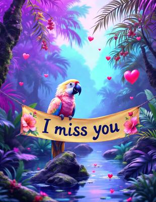 The image features a colorful parrot sitting on a branch in front of a sign that reads "I Miss You." The parrot is surrounded by a lush, tropical environment, with a river nearby. The scene is a mix of digital art and illustration, creating a vibrant and heartfelt atmosphere.
