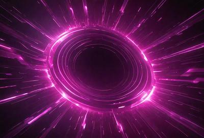 The primary subject of the image is a large, pink, circular object with a bright, glowing center. The setting appears to be a dark, possibly futuristic environment. The visual style of the image is a combination of photo and digital art, creating a unique and captivating appearance. The dominant colors in the image are pink and purple, giving the scene a vibrant and energetic atmosphere.