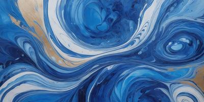The primary subject of the image is a blue and white painting of a swirling, flowing pattern. The setting is a canvas, and the visual style is a painting. The dominant colors are blue and white, creating a calming and serene atmosphere.