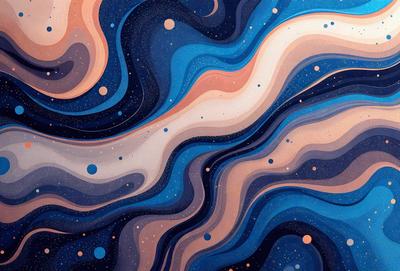 The primary subject of the image is a blue and orange swirling pattern, which appears to be a painting or digital art. The setting is a blue background, and the visual style is a combination of digital art and illustration. The dominant colors are blue and orange, creating a vibrant and lively atmosphere.
