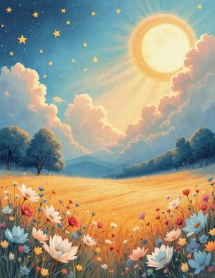 The primary subject of the image is a field of flowers, with a sunny sky in the background. The setting is a lush, grassy field with a variety of flowers, including daisies and sunflowers. The visual style is a painting or illustration, with a vibrant and colorful atmosphere. The colors and mood of the image are warm, inviting, and full of life, with the sunny sky and flowers creating a sense of happiness and tranquility.