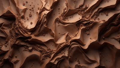 The primary subject of the image is a close-up of a chocolate-colored surface, possibly a cake or a piece of chocolate art. The setting appears to be a kitchen or a dining area, as the focus is on the delicious-looking chocolate. The visual style of the image is a close-up, which emphasizes the texture and details of the chocolate. The colors and mood of the image are predominantly brown and rich, evoking a sense of indulgence and