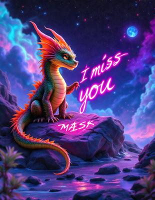 Primary subject: A green dragon with a pink message on its chest.

Setting/background: The dragon is sitting on a rock in a purple and blue sky.

Visual style: The image is a digital art or illustration.

Colors and mood: The dominant colors are purple, blue, and pink, creating a whimsical and playful atmosphere.