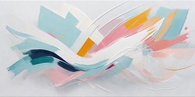 The primary subject of the image is a painting featuring a colorful, abstract design. The painting is displayed on a white wall, which serves as the setting and background. The visual style of the painting is a mix of digital art and illustration, creating a unique and vibrant atmosphere. The dominant colors in the painting are pink, yellow, and blue, which contribute to the overall mood of the artwork.