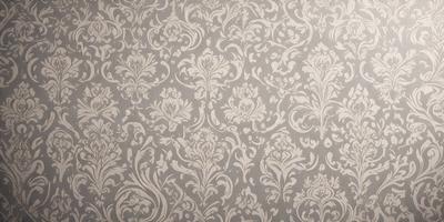 The primary subject of the image is a wallpaper with a floral pattern. The setting is a room with a gray background. The visual style is a patterned wallpaper, and the colors and mood are predominantly gray and white.