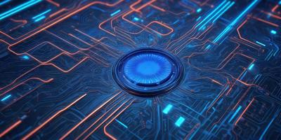 The primary subject of the image is a blue circle with a yellow center, which is placed on a blue and orange background. The setting appears to be a futuristic or technological environment, possibly a computer screen or a digital artwork. The visual style of the image is a combination of digital art and illustration, creating a unique and captivating scene. The dominant colors in the image are blue and orange, which contribute to the futuristic and technological atmosphere.