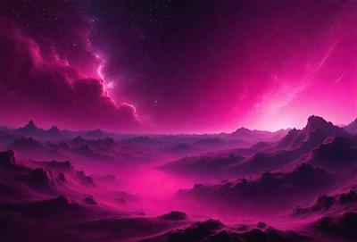 The primary subject of the image is a purple landscape with a pink sky. The setting is a mountainous area with a cloudy sky. The visual style is a digital art or illustration, creating a surreal and dreamy atmosphere. The dominant colors are purple and pink, giving the scene a unique and captivating appearance.