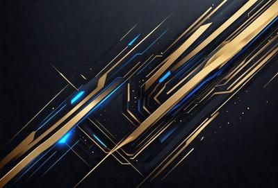 The primary subject of the image is a futuristic, digital artwork featuring a blue and gold color scheme. The setting is a dark background, which contrasts with the bright colors of the artwork. The visual style is a combination of digital art and illustration, creating a unique and captivating design. The overall atmosphere is one of innovation and modernity, as the artwork showcases a blend of technology and artistic expression.